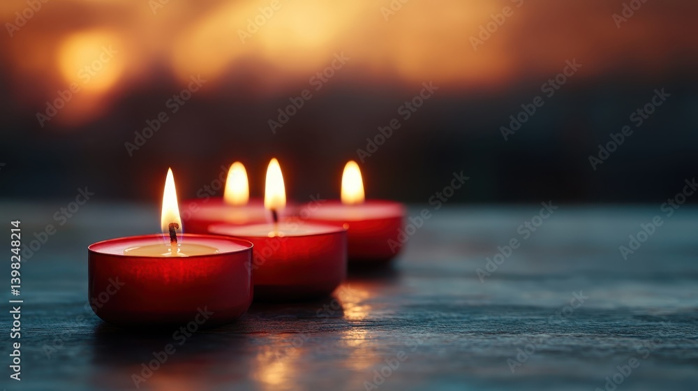 This image features four glowing candles on a reflective surface, creating a warm and inviting atmosphere as the sun sets in the background, enhancing the serene ambiance. This image features four glowing candles on a reflective surface, creating a warm and inviting atmosphere as the sun sets in the background, enhancing the serene ambiance.