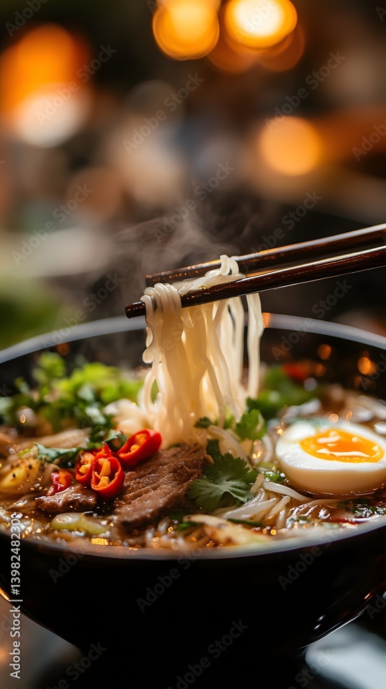 Street Food Delight: Authentic Asian Noodles with Chopsticks and Aromatic Steam