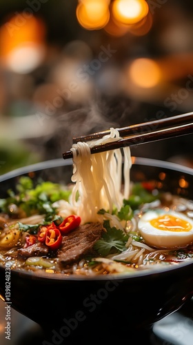 Obraz na płótnie Street Food Delight: Authentic Asian Noodles with Chopsticks and Aromatic Steam w salonie