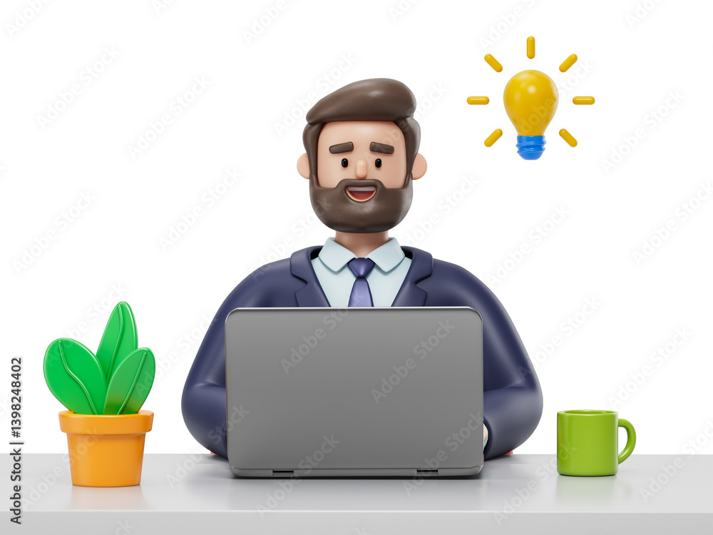A man sits at a desk with a laptop, symbolizing a comfortable and productive work environment. 3D rendering, conceptual image. Isolated on white background. A man sits at a desk with a laptop, symbolizing a comfortable and productive work environment. 3D rendering, conceptual image. Isolated on white background.