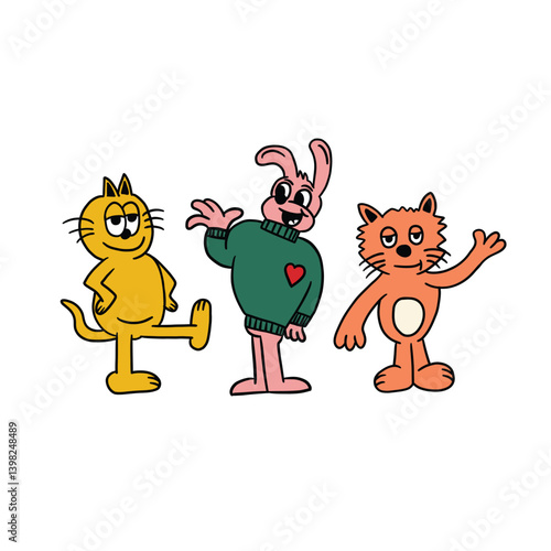 hand drawn cat and rabbit retro cartoon character illustration