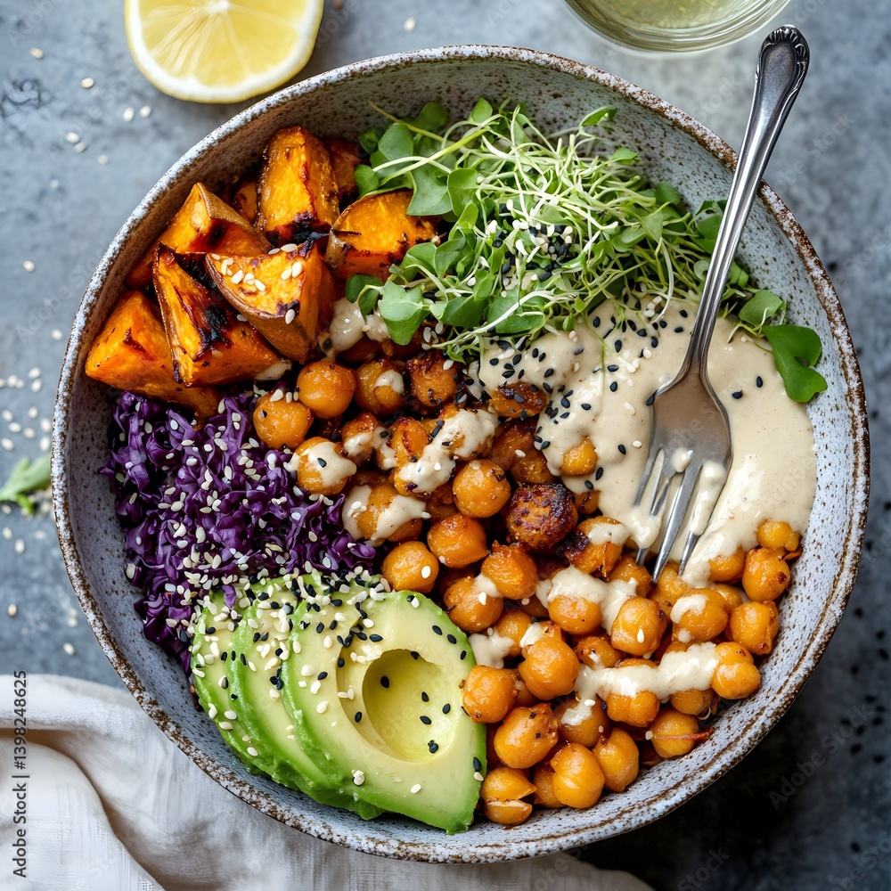 Vegan Buddha Bowl with Roasted Chickpeas, Avocado, and Quinoa