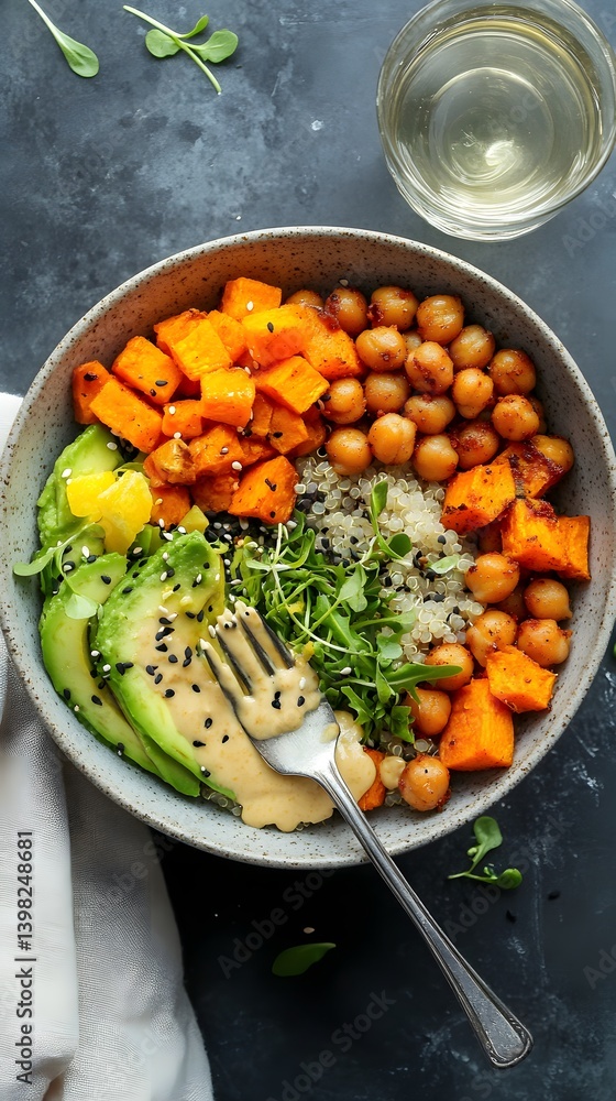 Vegan Buddha Bowl with Roasted Chickpeas, Avocado, and Quinoa