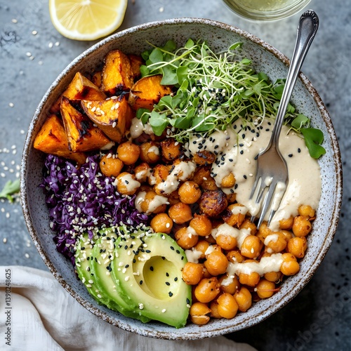 Obraz na płótnie Vegan Buddha Bowl with Roasted Chickpeas, Avocado, and Quinoa w salonie