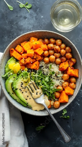 Obraz na płótnie Vegan Buddha Bowl with Roasted Chickpeas, Avocado, and Quinoa w salonie