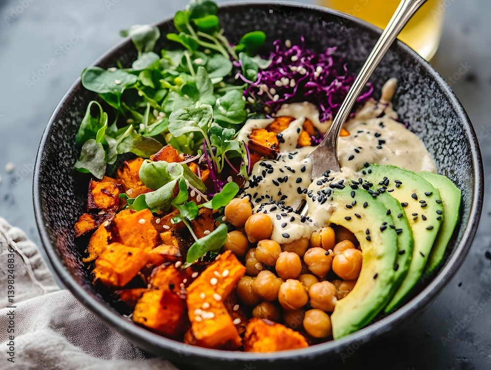 Vegan Buddha Bowl with Roasted Chickpeas, Avocado, and Quinoa