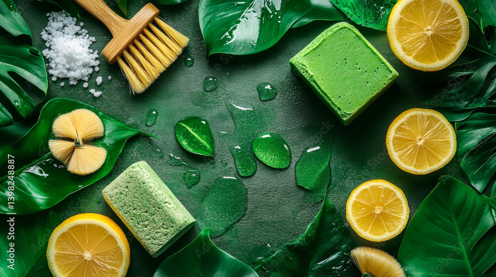 Natural eco-friendly zero waste plastic free cleaning items on green background top view. eco friendly cleansing set flat lay. sustainable lifestyle concept