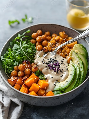 Obraz na płótnie Vegan Buddha Bowl with Roasted Chickpeas, Avocado, and Quinoa w salonie