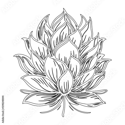 Elegant lotus bloom line drawing with intricate petal details and minimalist design