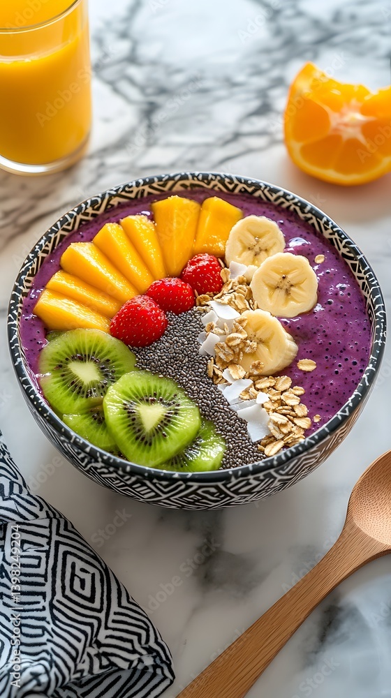 Vibrant Healthy Breakfast Bowl with Tropical Fruits and Chia Seeds