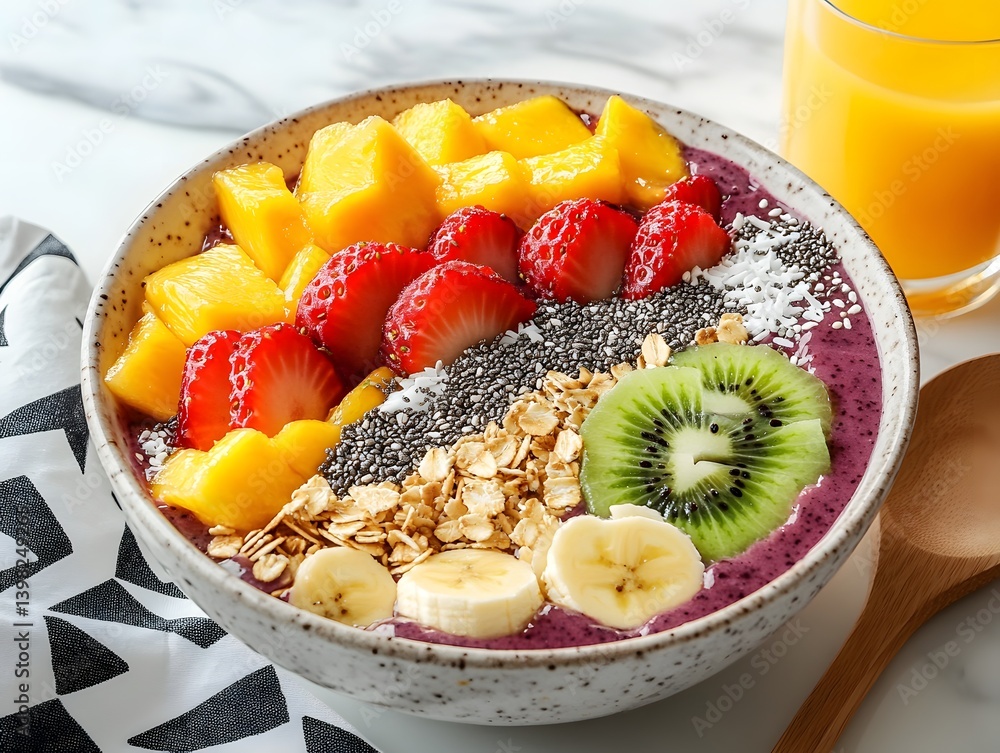 Vibrant Healthy Breakfast Bowl with Tropical Fruits and Chia Seeds