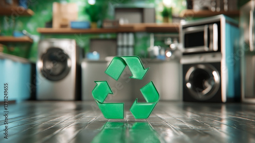 Obraz na płótnie Recycle sign With Household Appliances on background. Recycling mark Mobius loop. Circular economy and Electronic waste w salonie