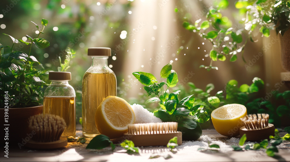 Zero waste plastic free cleaning items on sunny nature background. Set of eco friendly cleansing products. Sustainable lifestyle concept. Plastic free home.