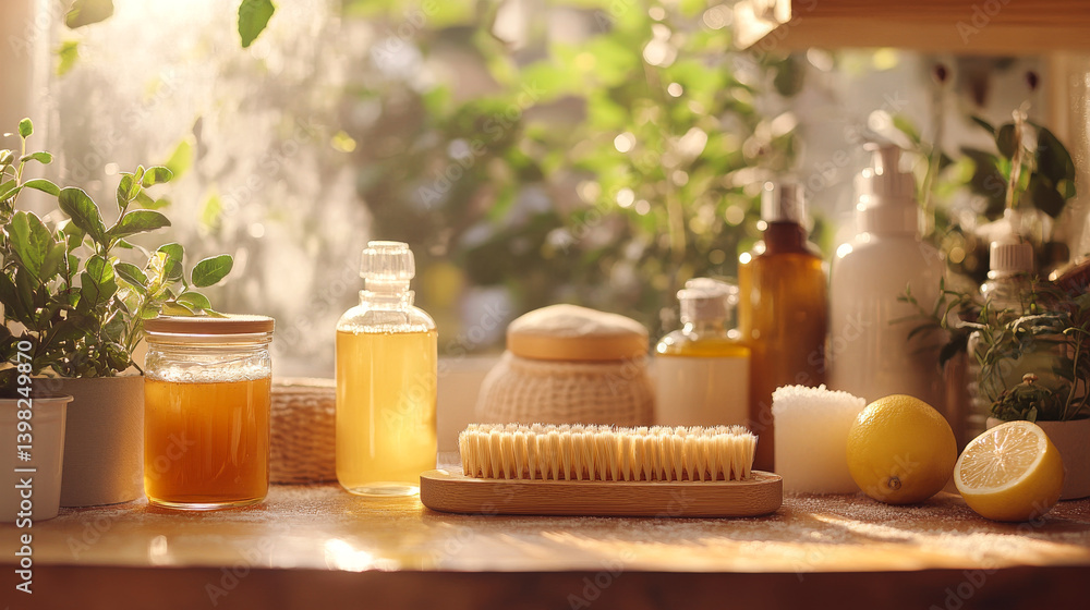Zero waste plastic free cleaning items on sunny nature background. Set of eco friendly cleansing products. Sustainable lifestyle concept. Plastic free home.