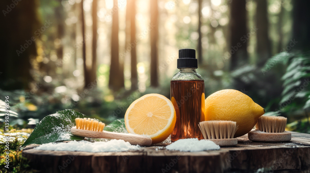 Zero waste plastic free cleaning items on sunny nature background. Set of eco friendly cleansing products. Sustainable lifestyle concept. Plastic free home.