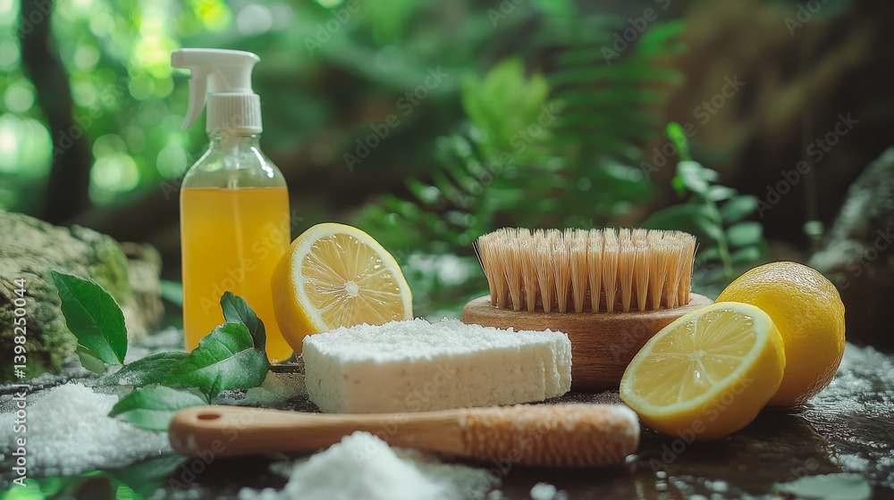 Zero waste plastic free cleaning items on sunny nature background. Set of eco friendly cleansing products. Sustainable lifestyle concept. Plastic free home.