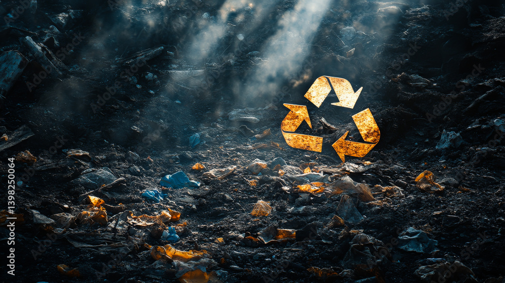 recycle sign on a blurred garbage background. Recycling mark Mobius loop. Environmental concept. Concept of ecology, sustainable development, zero waste and environmental protection