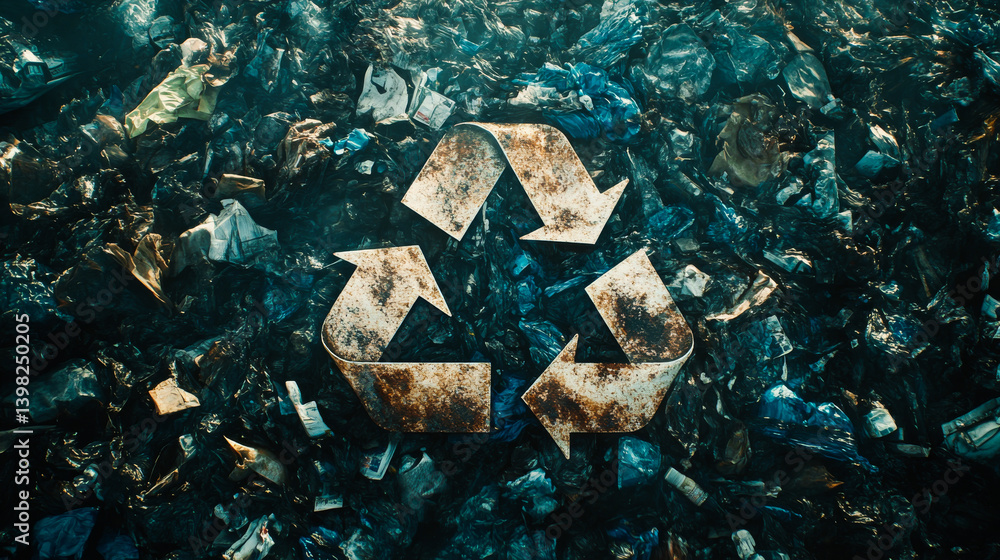 recycle sign on a blurred garbage background. Recycling mark Mobius loop. Environmental concept. Concept of ecology, sustainable development, zero waste and environmental protection