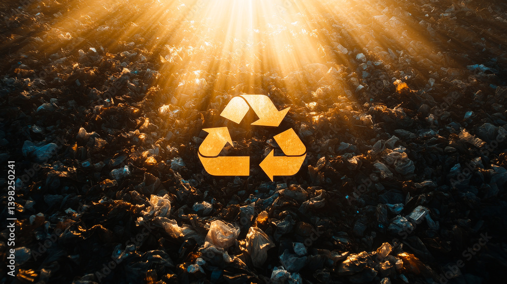 recycle sign on a blurred garbage background. Recycling mark Mobius loop. Environmental concept. Concept of ecology, sustainable development, zero waste and environmental protection