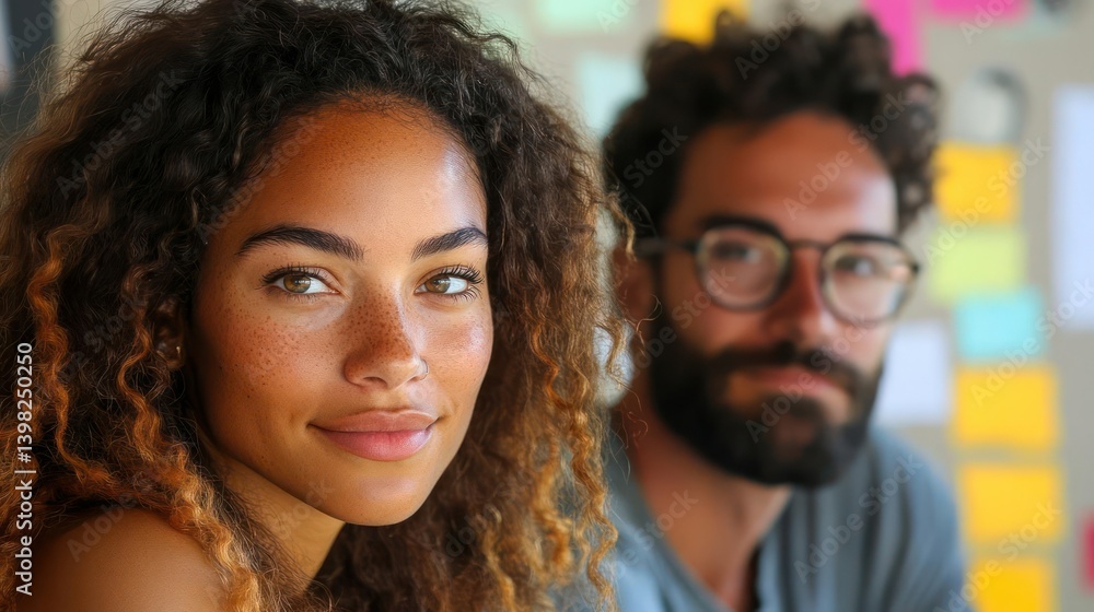 Close-up of diverse couple, likely in a creative environment Close-up of diverse couple, likely in a creative environment