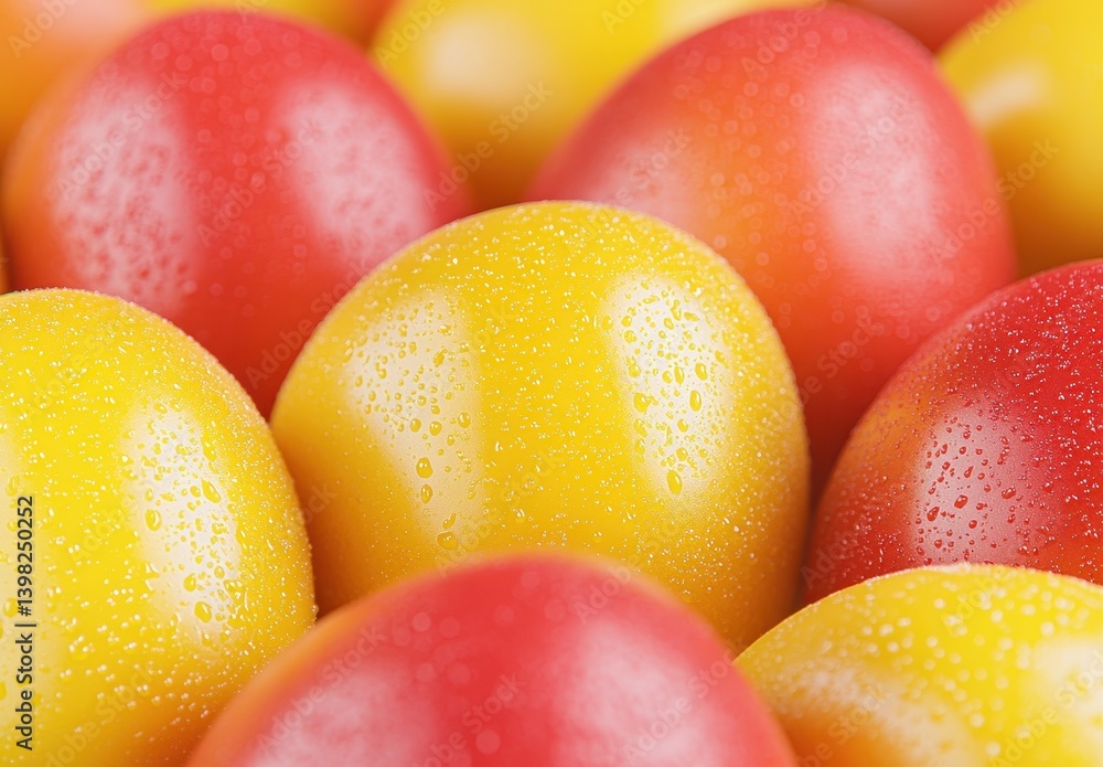 Colorful Easter Eggs with Water Droplets in Close Up, Radiating Bright Yellow, Vibrant Red, and Warm Orange Hues for Festive Decorations and Celebrations Colorful Easter Eggs with Water Droplets in Close Up, Radiating Bright Yellow, Vibrant Red, and Warm Orange Hues for Festive Decorations and Celebrations