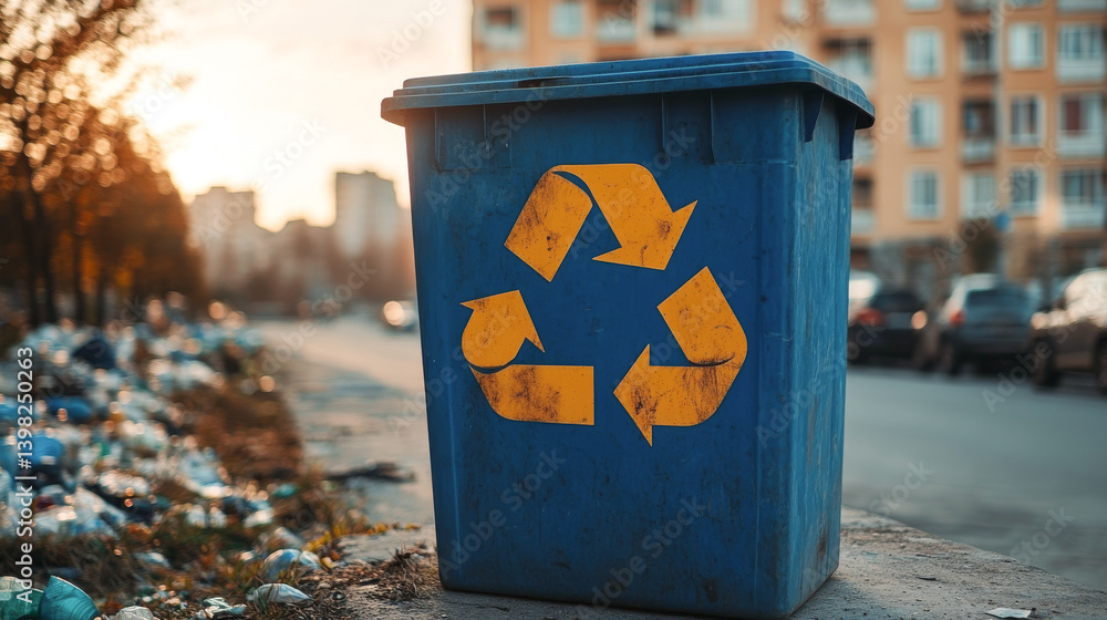 recycle sign on waste bin and garbage on background. Recycling mark Mobius loop. Environmental concept. Concept of ecology, sustainable development, zero waste and environmental protection
