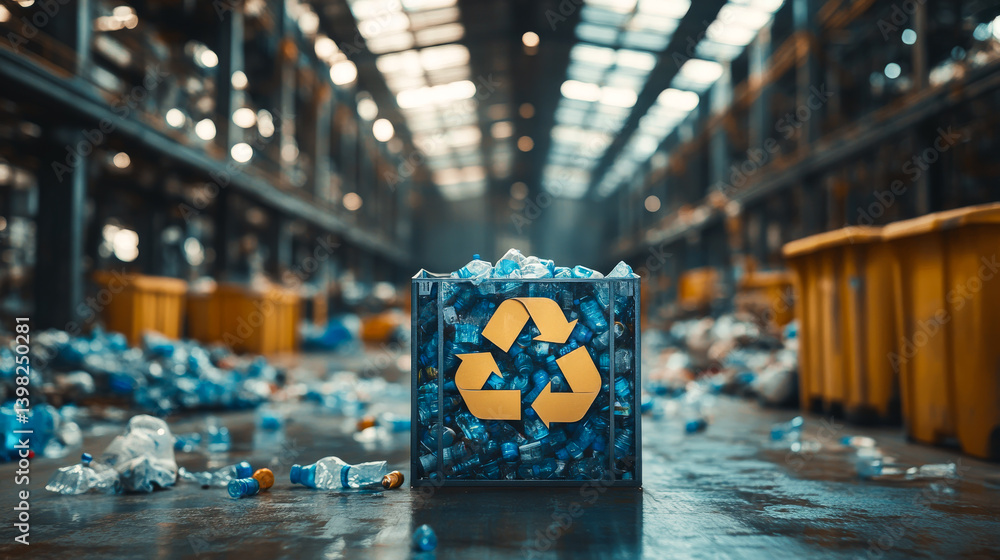 recycle sign on a blurred garbage background. Recycling mark Mobius loop. Environmental concept. Concept of ecology, sustainable development, zero waste and environmental protection