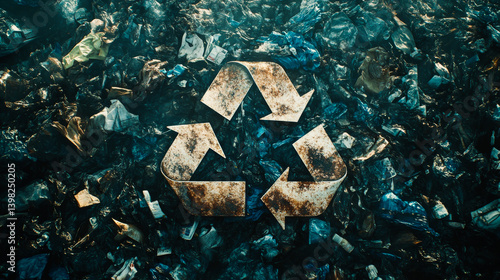 Obraz na płótnie recycle sign on a blurred garbage background. Recycling mark Mobius loop. Environmental concept. Concept of ecology, sustainable development, zero waste and environmental protection w salonie
