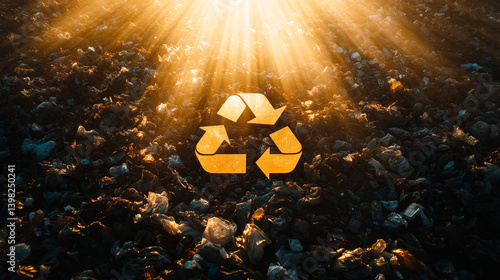 Obraz na płótnie recycle sign on a blurred garbage background. Recycling mark Mobius loop. Environmental concept. Concept of ecology, sustainable development, zero waste and environmental protection w salonie
