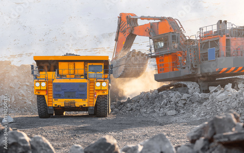 Obraz na płótnie Heavy machinery in open coal mine during winter operations w salonie