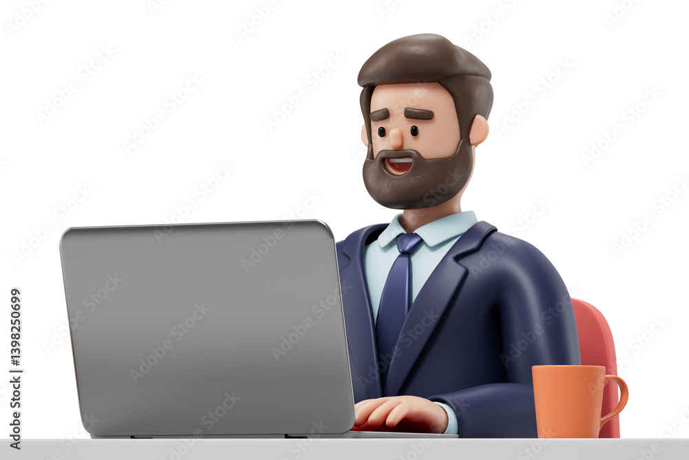 A man sits at a desk working on a laptop, accompanied by a stack of books, a green mug, and a potted plant, symbolizing a productive and organized work environment. 3D rendering, conceptual image. Is A man sits at a desk working on a laptop, accompanied by a stack of books, a green mug, and a potted plant, symbolizing a productive and organized work environment. 3D rendering, conceptual image. Is