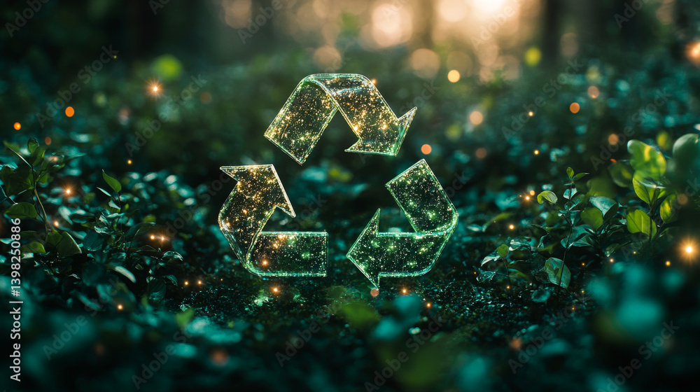 Green recycle sign on a blurred glow background. Recycling mark Mobius loop. Environmental concept. Concept of ecology, sustainable development, zero waste and environmental protection