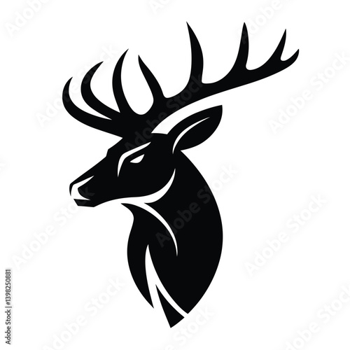 A black vector illustration shows a wild deer head silhouette with antlers, evoking nature and hunting