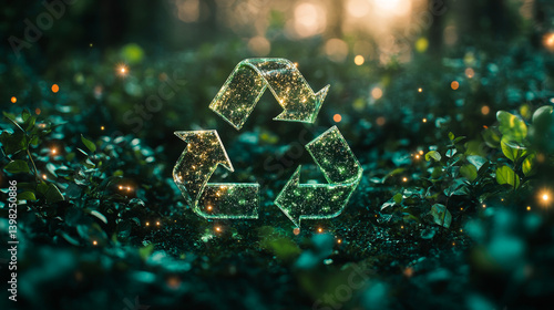 Obraz na płótnie Green recycle sign on a blurred glow background. Recycling mark Mobius loop. Environmental concept. Concept of ecology, sustainable development, zero waste and environmental protection w salonie