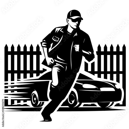Migrant man running from car silhouette