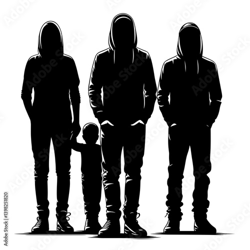 Migrant family in hoodies silhouette illustration