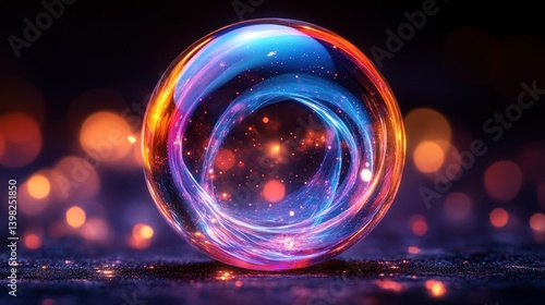 Enigmatic sphere of vibrant light.  Intricate energy patterns within a translucent orb.  Shimmering colors illuminate a dark background
