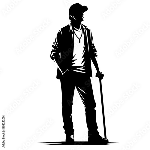 Migrant man with cane silhouette illustration