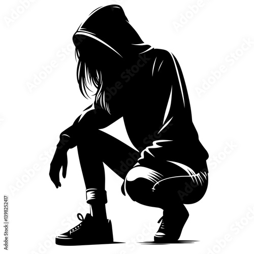 Migrant woman in hoodie crouching silhouette