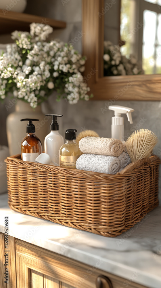 Zero waste plastic free cleaning items on sunny home. Set of eco friendly cleansing products. Sustainable lifestyle concept. Plastic free home.