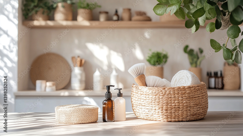 Zero waste plastic free cleaning items on sunny home. Set of eco friendly cleansing products. Sustainable lifestyle concept. Plastic free home.