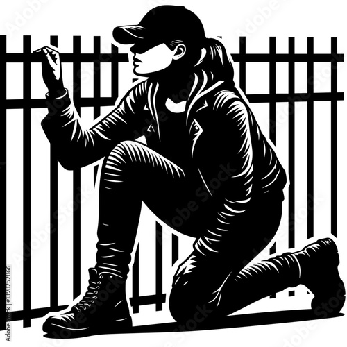 Migrant woman hiding by fence silhouette