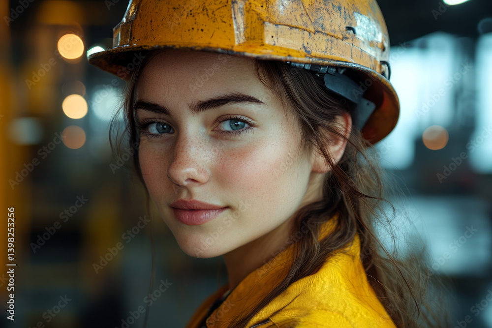 Confident female engineer wearing a yellow hardhat in an industrial environment Confident female engineer wearing a yellow hardhat in an industrial environment