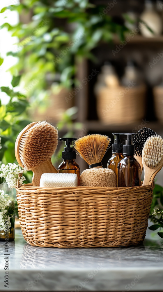Zero waste plastic free cleaning items on sunny home. Set of eco friendly cleansing products. Sustainable lifestyle concept. Plastic free home.