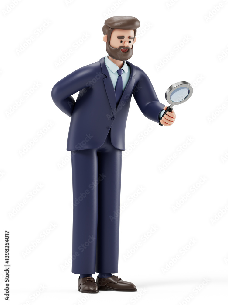 Fototapeta premium A man holds a magnifying glass, symbolizing analysis, scrutiny, or the search for details. 3D rendering, conceptual image. Isolated on white background.