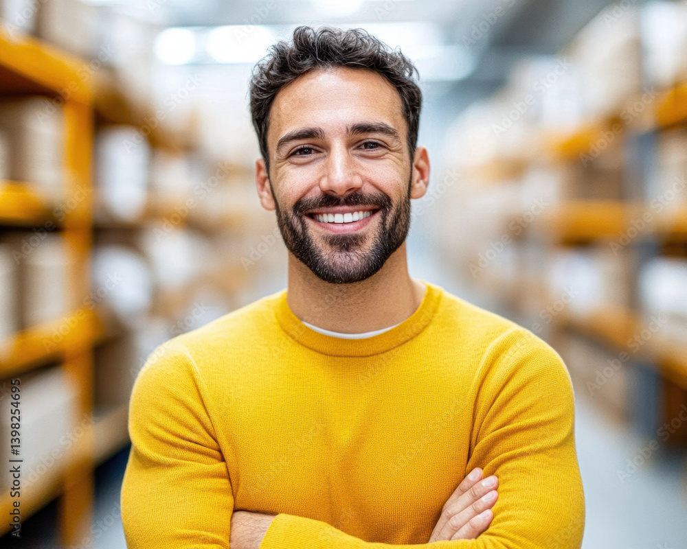Smiling man in a yellow sweater posing confidently in a warehouse setting. Smiling man in a yellow sweater posing confidently in a warehouse setting.