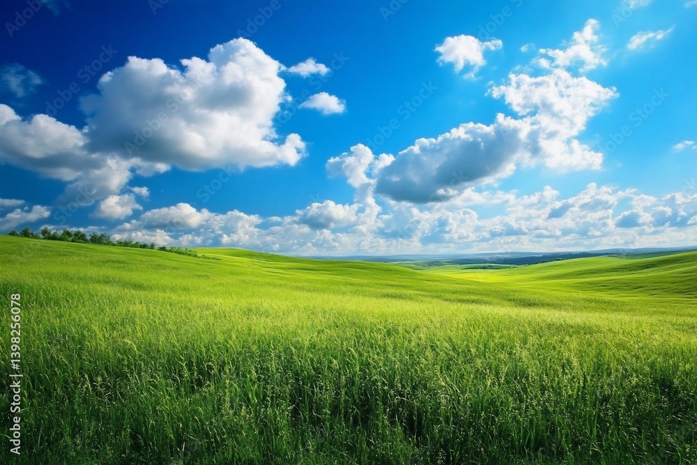 Sunny day, green field, blue sky, fluffy clouds, rolling hills, idyllic landscape. Sunny day, green field, blue sky, fluffy clouds, rolling hills, idyllic landscape.