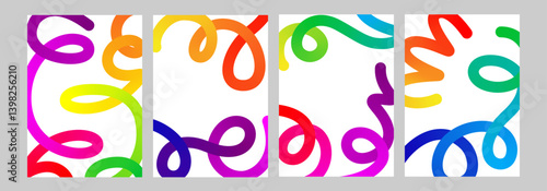 Abstract line shape, color gradient curvy object background. 3d graphic pattern arow element. Happy birthday confetti curly waves vector design. Thick fluid liquid paint change path. Long spiral swirl