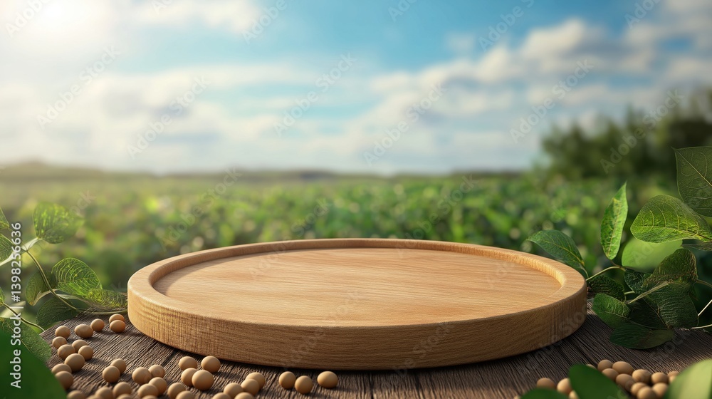 Circle wooden table top with blurred tea plantation landscape against blue sky and blurred green leaf frame Product display concept natural. Circle wooden table top with blurred tea plantation landscape against blue sky and blurred green leaf frame Product display concept natural.
