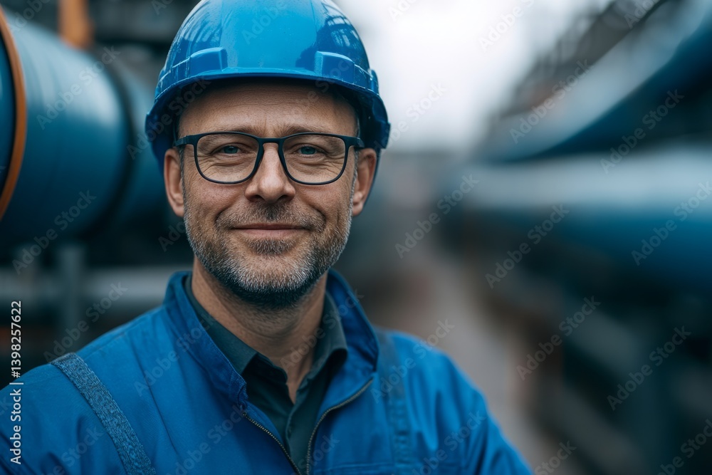 Portrait of a confident industrial worker smiling in a storage area, surrounded by large pipes Portrait of a confident industrial worker smiling in a storage area, surrounded by large pipes